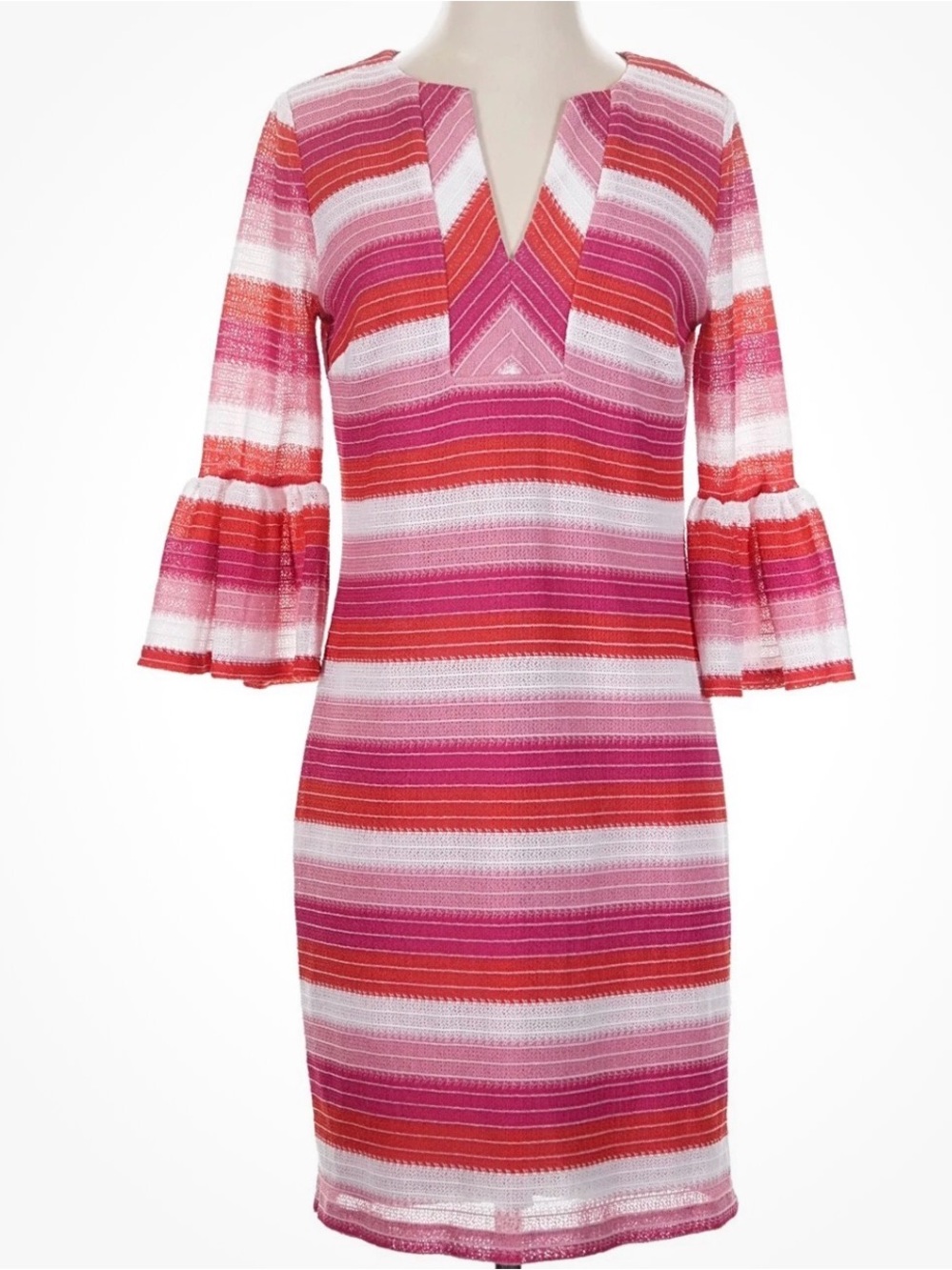 Trina Turk Women Pink Dress Size 8 Woven Stripes Bell Sleeves V-neck Midi Lined